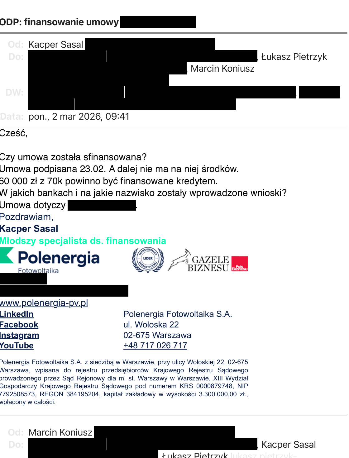 E-maile o „rozbijaniu" kredytu (nadawcy/klienci zakryci)
