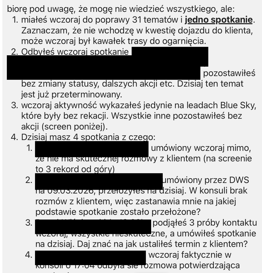 Zrzut z Teams - codzienne rozliczanie doradcy z każdego leada i spotkania (dane klientów zakryte)