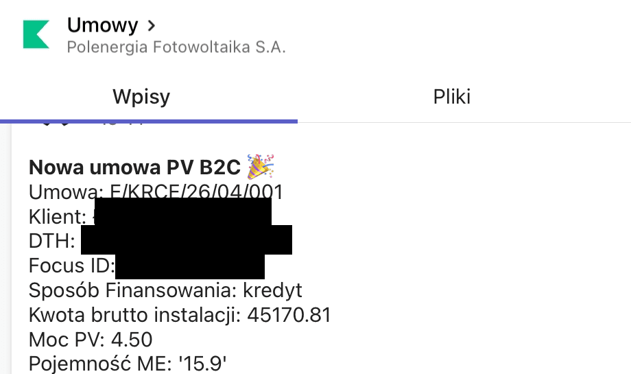 Kanał „Umowy” - nowa umowa: kwota brutto i finansowanie kredytem (dane klienta i doradcy zakryte)