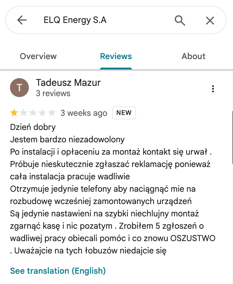 Opinia Google o Polenergia Fotowoltaika S.A. (obecnie ELQ Energy S.A.) - zrzut ekranu