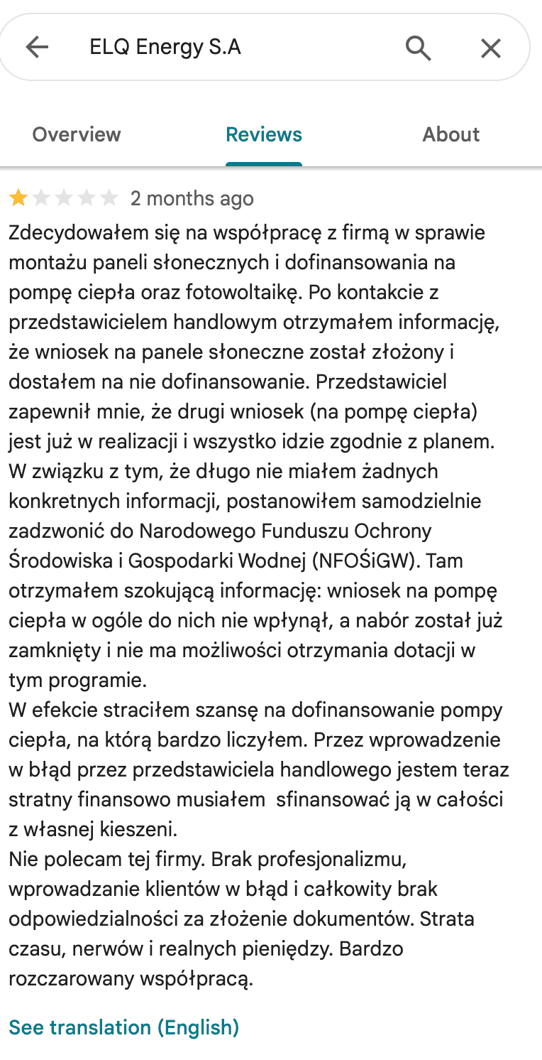 Opinia Google o Polenergia Fotowoltaika S.A. (obecnie ELQ Energy S.A.) - zrzut ekranu