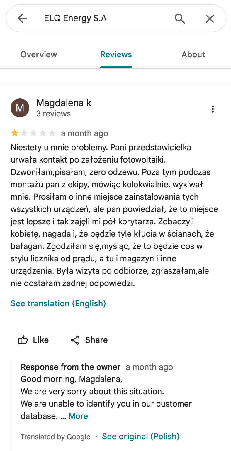 Opinia Google o Polenergia Fotowoltaika S.A. (obecnie ELQ Energy S.A.) - zrzut ekranu