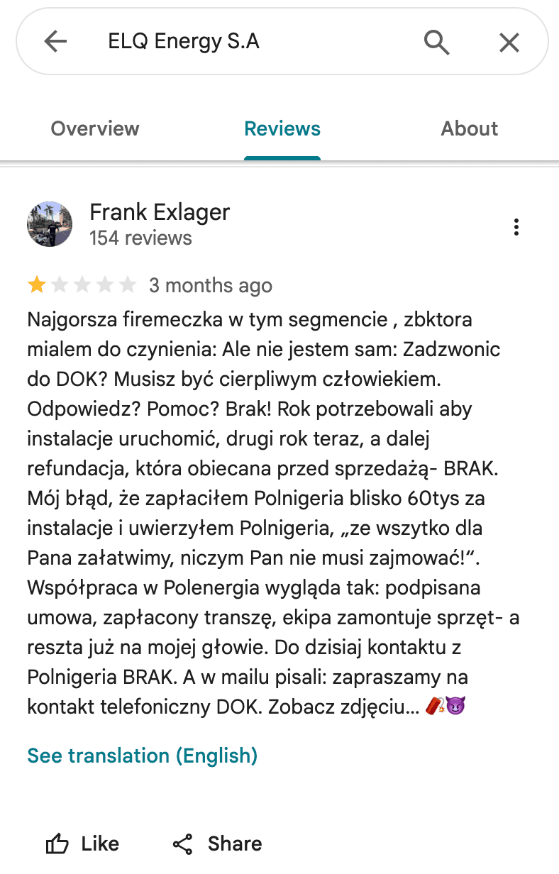 Opinia Google o Polenergia Fotowoltaika S.A. (obecnie ELQ Energy S.A.) - zrzut ekranu