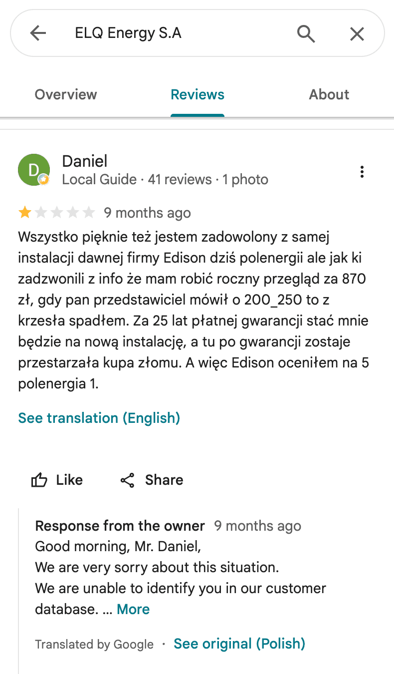 Opinia Google o Polenergia Fotowoltaika S.A. (obecnie ELQ Energy S.A.) - zrzut ekranu