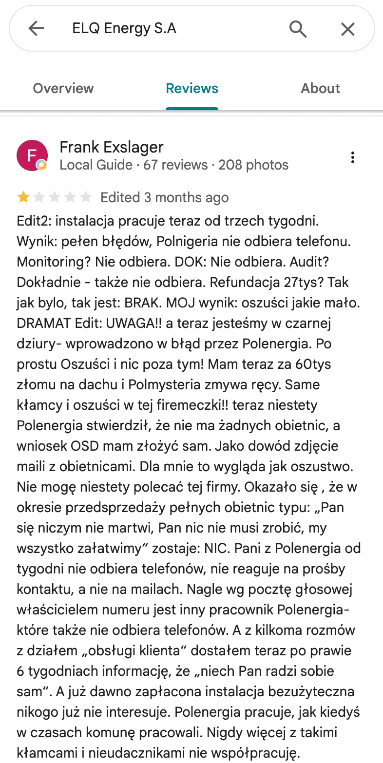 Opinia Google o Polenergia Fotowoltaika S.A. (obecnie ELQ Energy S.A.) - zrzut ekranu