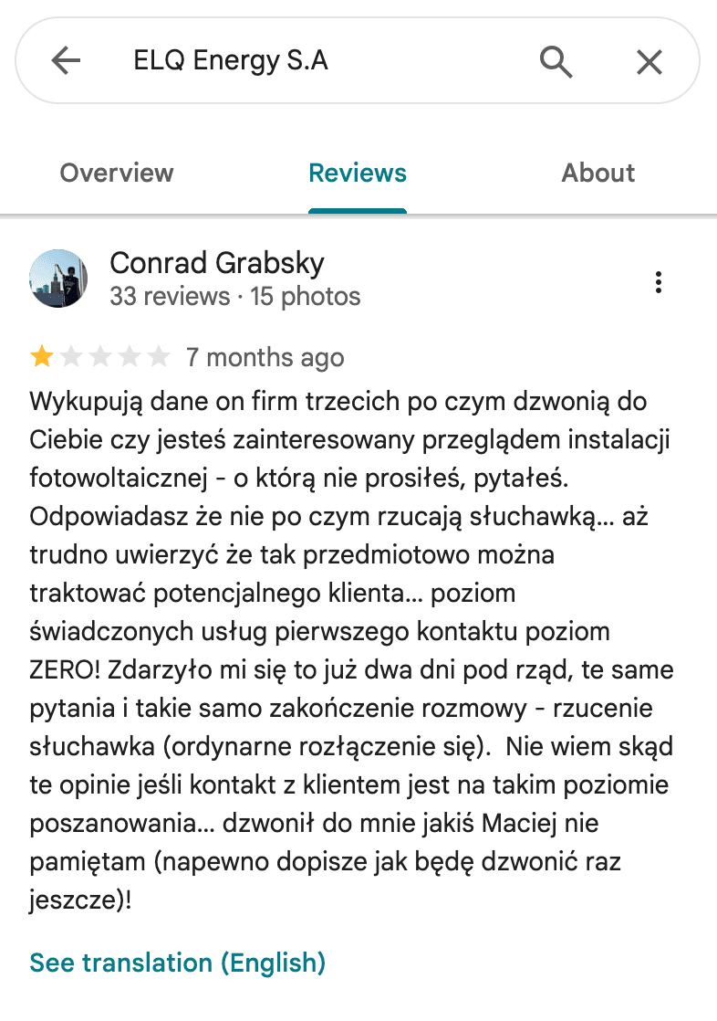 Opinia Google o Polenergia Fotowoltaika S.A. (obecnie ELQ Energy S.A.) - zrzut ekranu