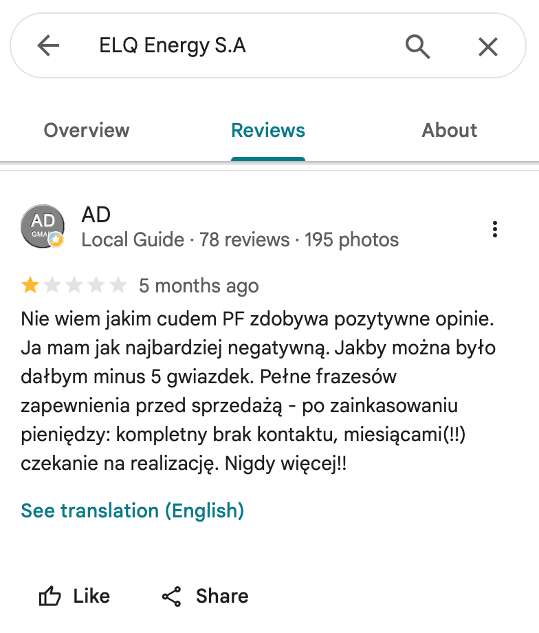 Opinia Google o Polenergia Fotowoltaika S.A. (obecnie ELQ Energy S.A.) - zrzut ekranu