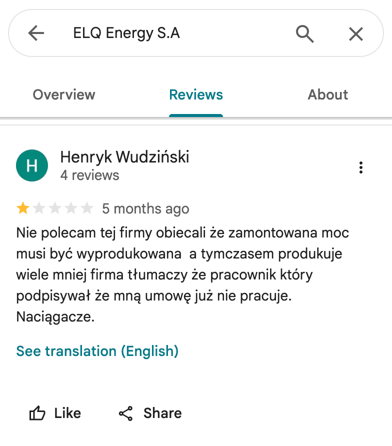 Opinia Google o Polenergia Fotowoltaika S.A. (obecnie ELQ Energy S.A.) - zrzut ekranu
