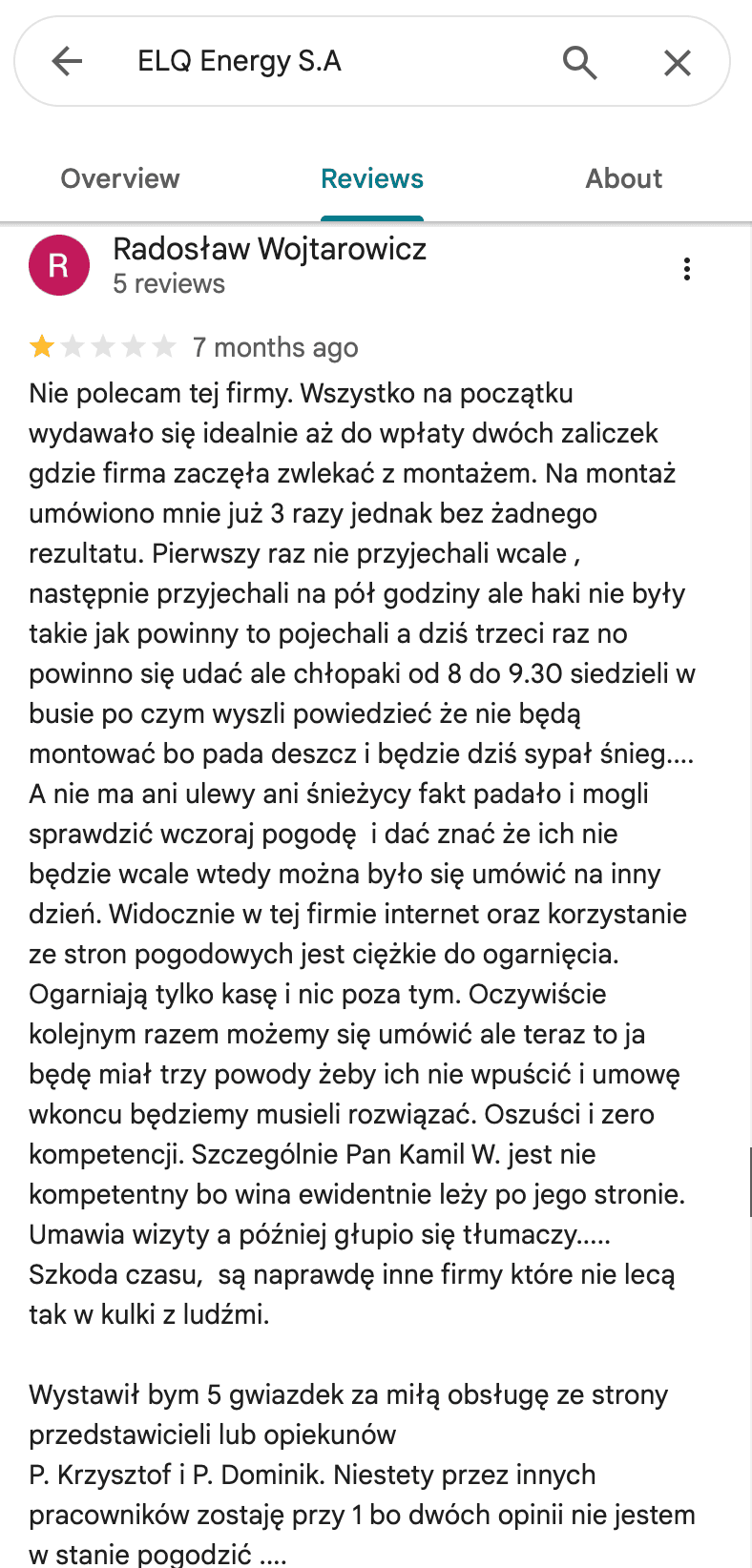 Opinia Google o Polenergia Fotowoltaika S.A. (obecnie ELQ Energy S.A.) - zrzut ekranu