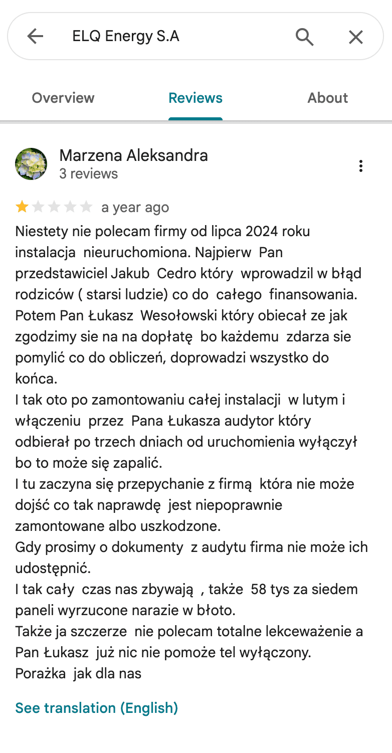 Opinia Google o Polenergia Fotowoltaika S.A. (obecnie ELQ Energy S.A.) - zrzut ekranu
