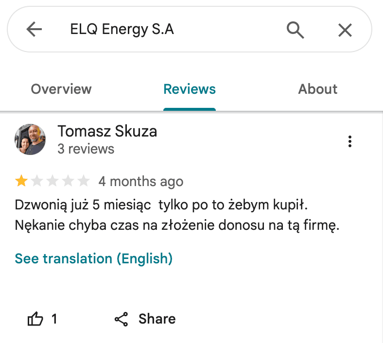 Opinia Google o Polenergia Fotowoltaika S.A. (obecnie ELQ Energy S.A.) - zrzut ekranu