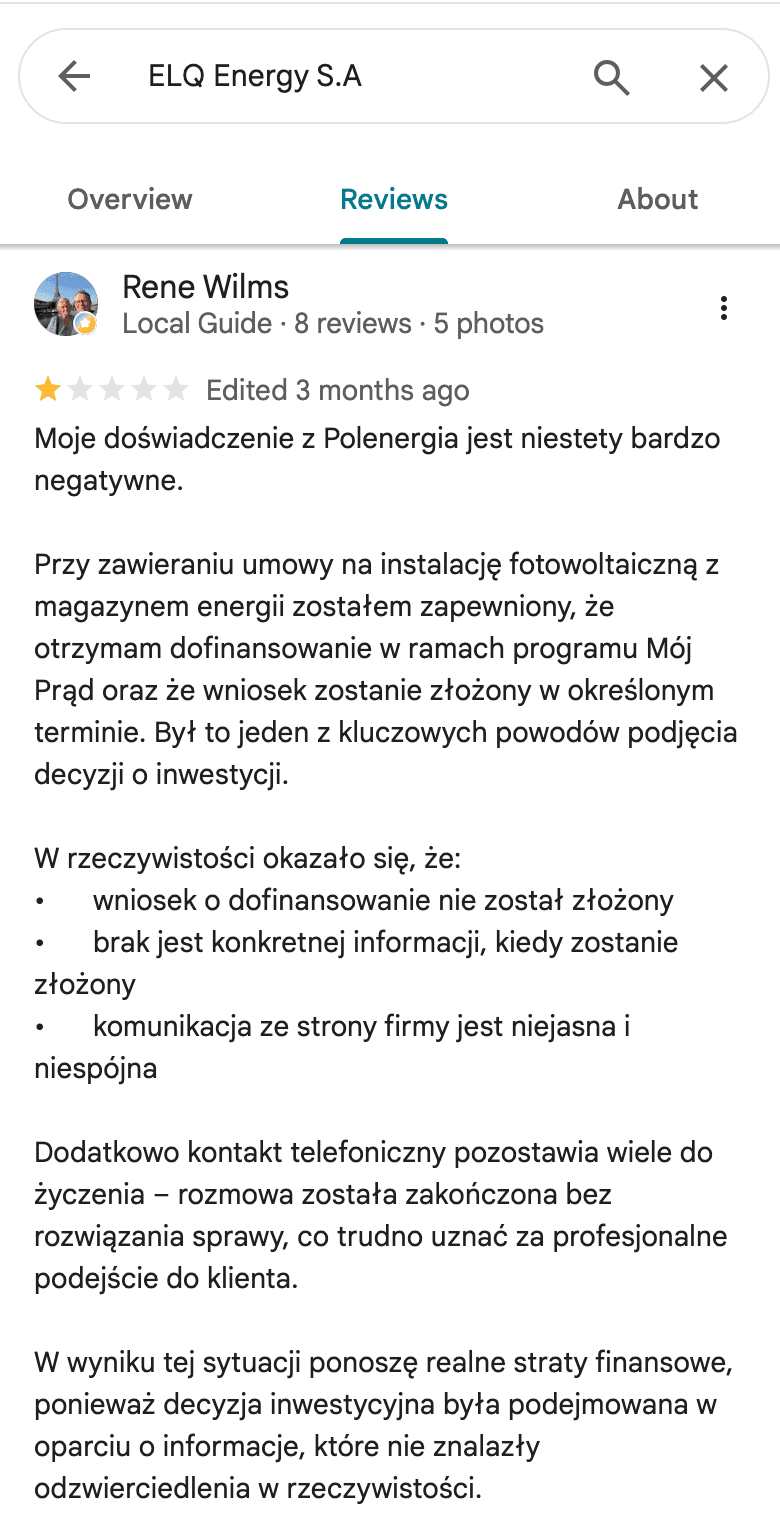 Opinia Google o Polenergia Fotowoltaika S.A. (obecnie ELQ Energy S.A.) - zrzut ekranu