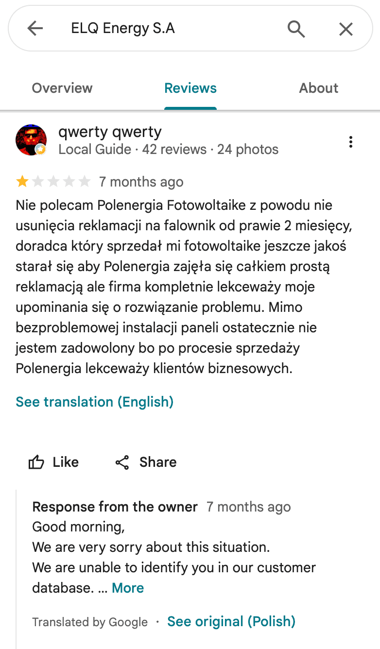 Opinia Google o Polenergia Fotowoltaika S.A. (obecnie ELQ Energy S.A.) - zrzut ekranu