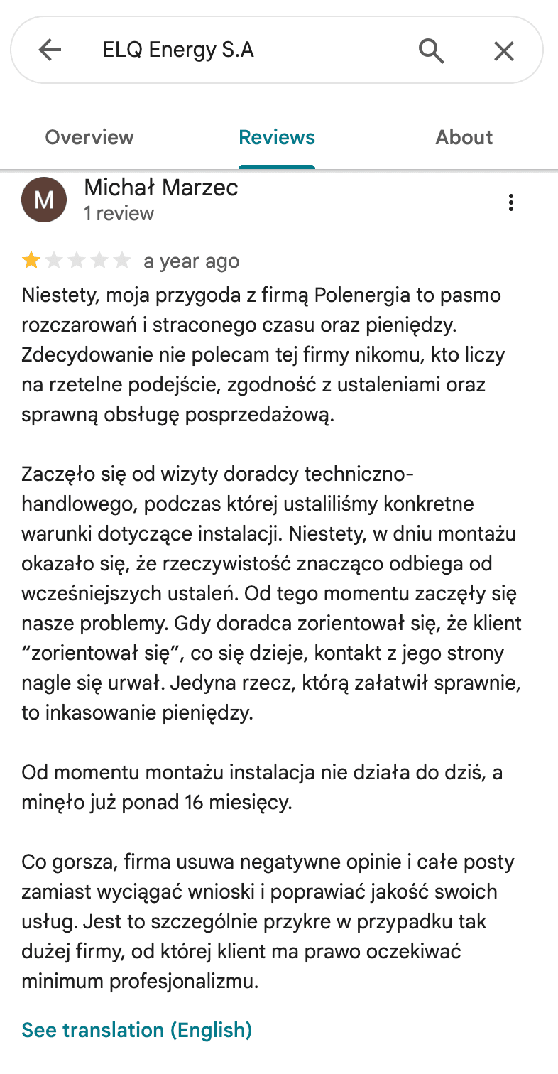 Opinia Google o Polenergia Fotowoltaika S.A. (obecnie ELQ Energy S.A.) - zrzut ekranu