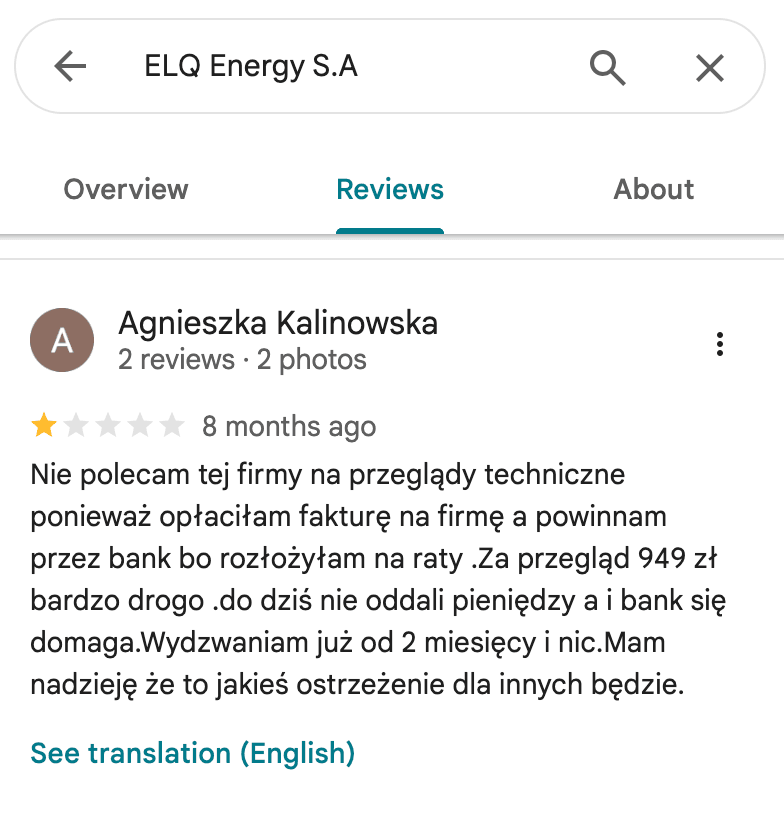 Opinia Google o Polenergia Fotowoltaika S.A. (obecnie ELQ Energy S.A.) - zrzut ekranu