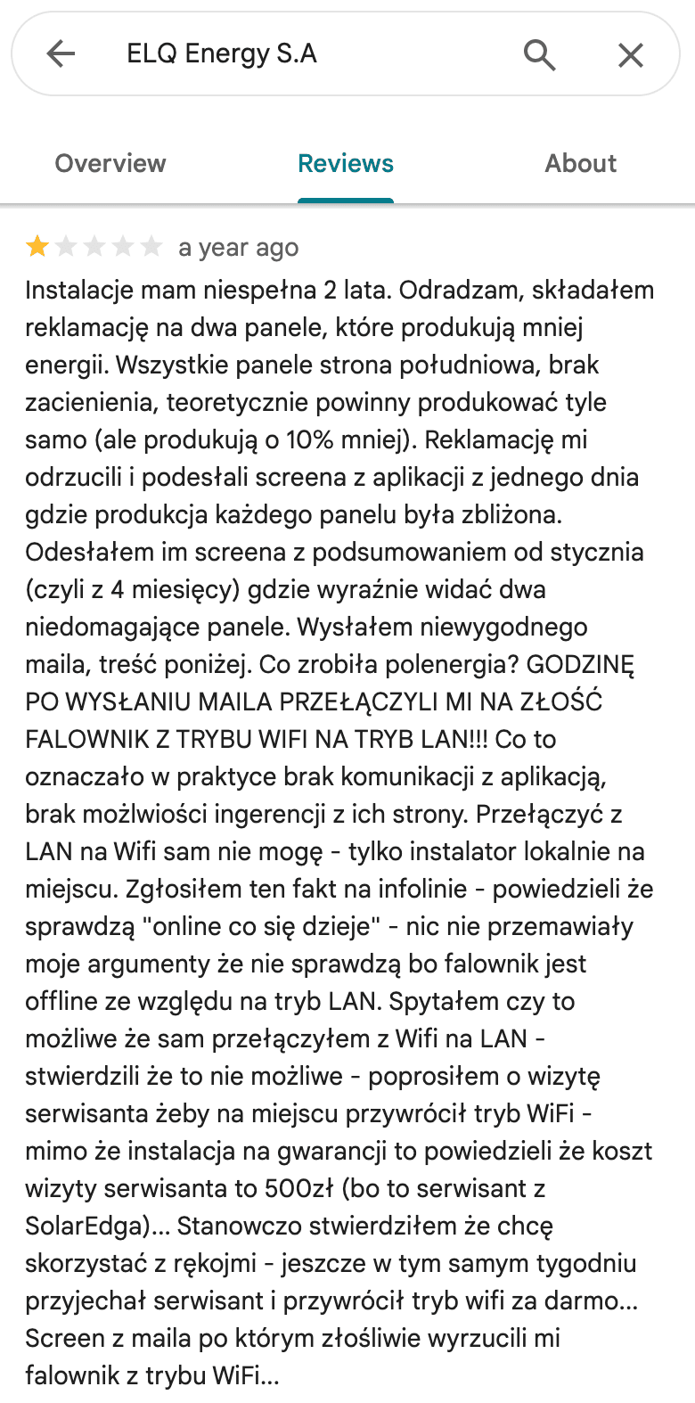 Opinia Google o Polenergia Fotowoltaika S.A. (obecnie ELQ Energy S.A.) - zrzut ekranu