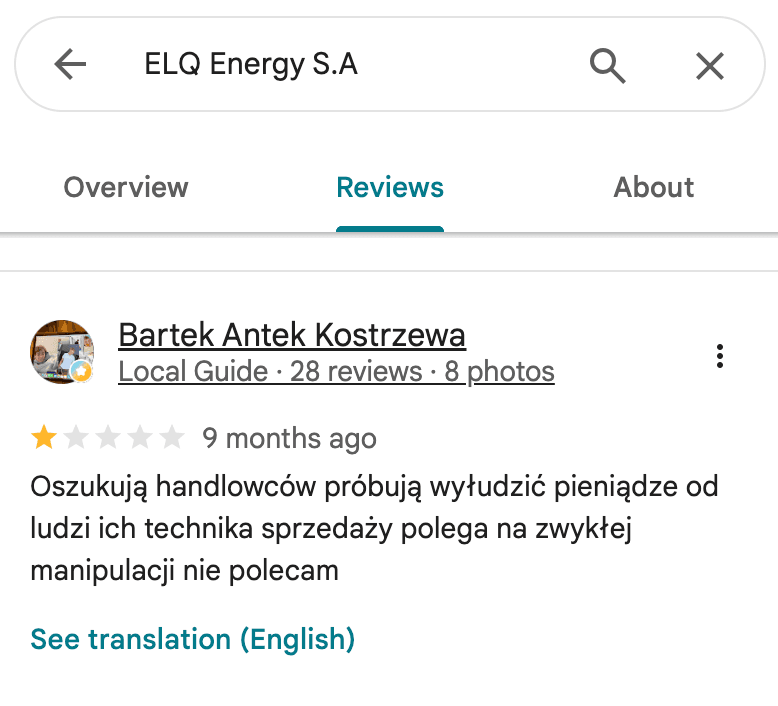 Opinia Google o Polenergia Fotowoltaika S.A. (obecnie ELQ Energy S.A.) - zrzut ekranu