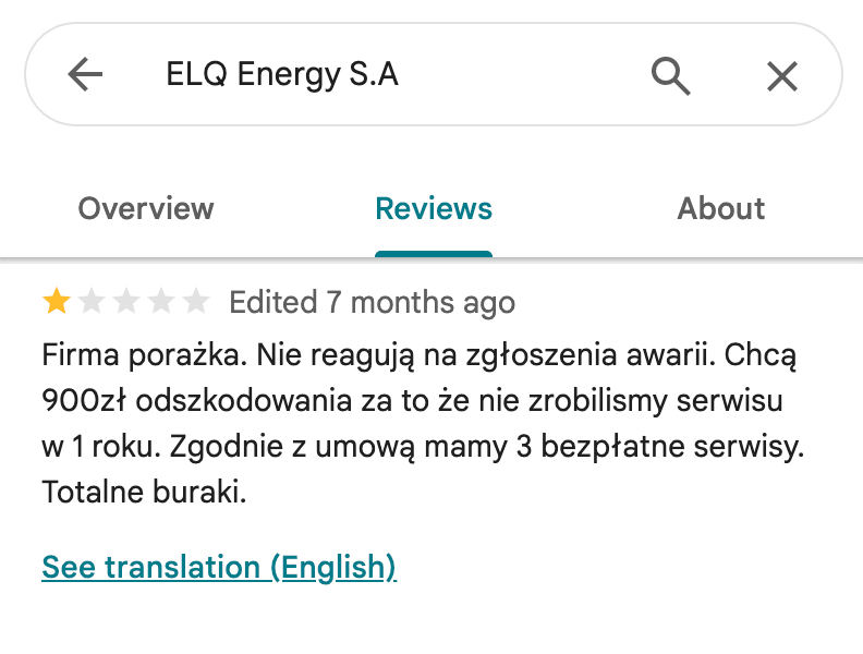 Opinia Google o Polenergia Fotowoltaika S.A. (obecnie ELQ Energy S.A.) - zrzut ekranu
