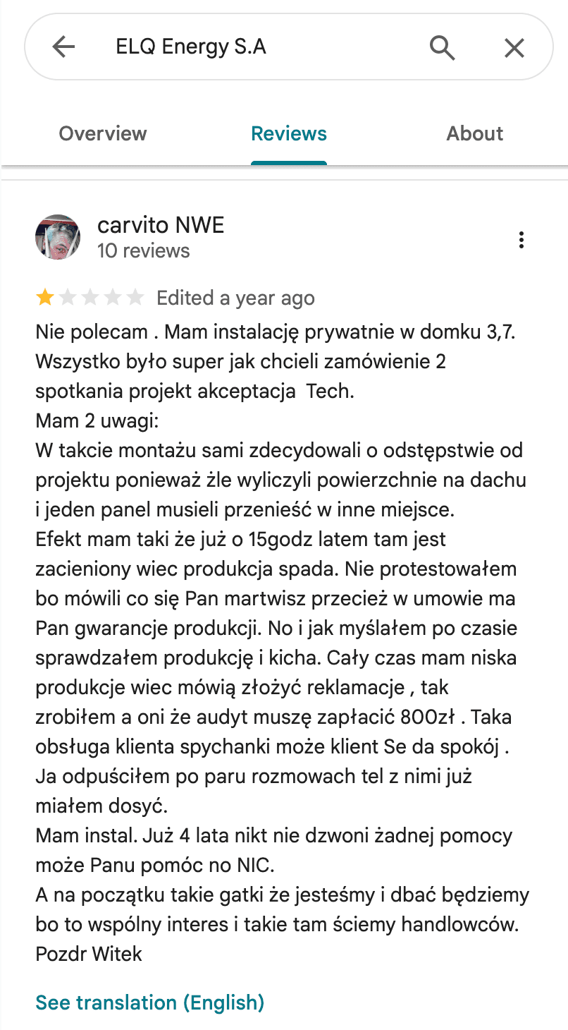 Opinia Google o Polenergia Fotowoltaika S.A. (obecnie ELQ Energy S.A.) - zrzut ekranu