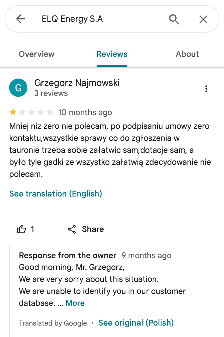 Opinia Google o Polenergia Fotowoltaika S.A. (obecnie ELQ Energy S.A.) - zrzut ekranu