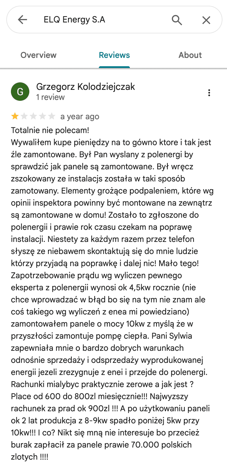 Opinia Google o Polenergia Fotowoltaika S.A. (obecnie ELQ Energy S.A.) - zrzut ekranu