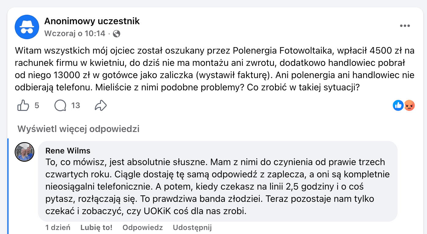 Opinia o Polenergia Fotowoltaika S.A. (obecnie ELQ Energy S.A.) z mediów społecznościowych - zrzut ekranu