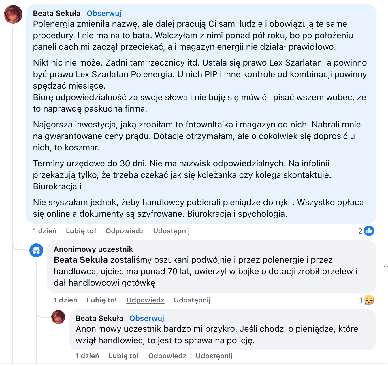 Opinia o Polenergia Fotowoltaika S.A. (obecnie ELQ Energy S.A.) z mediów społecznościowych - zrzut ekranu
