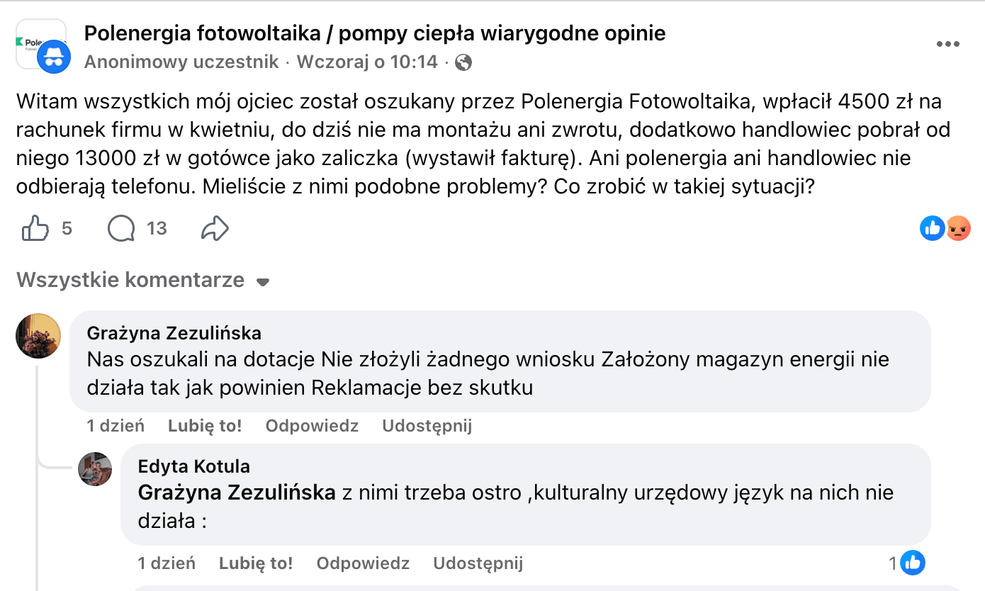 Opinia o Polenergia Fotowoltaika S.A. (obecnie ELQ Energy S.A.) z mediów społecznościowych - zrzut ekranu