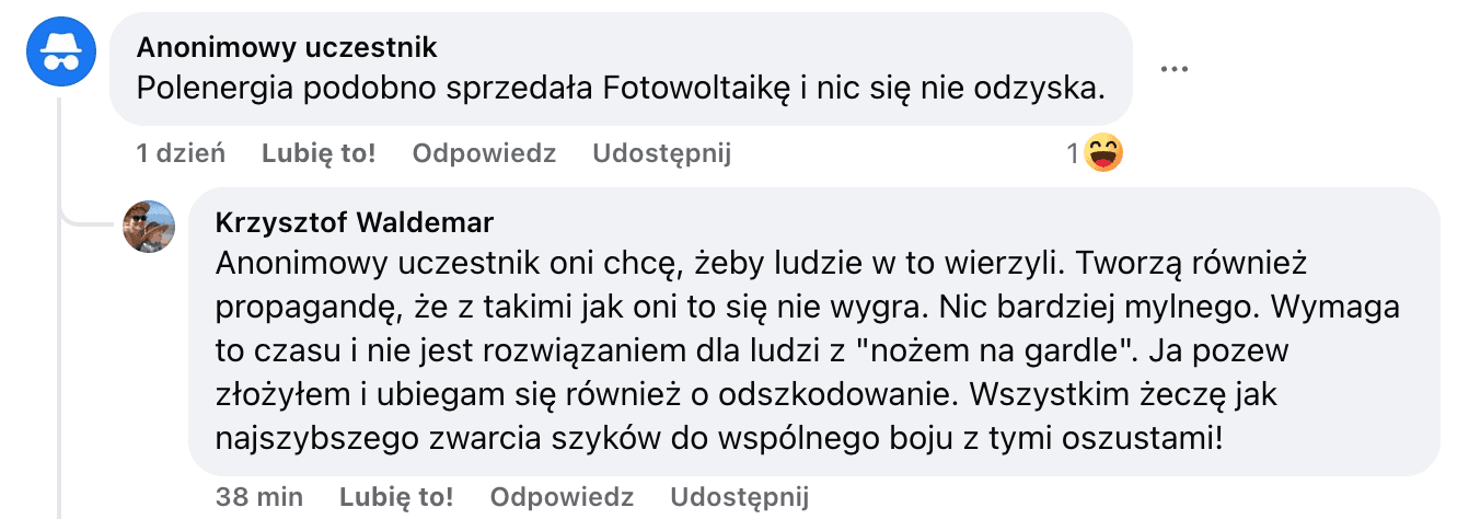 Opinia o Polenergia Fotowoltaika S.A. (obecnie ELQ Energy S.A.) z mediów społecznościowych - zrzut ekranu