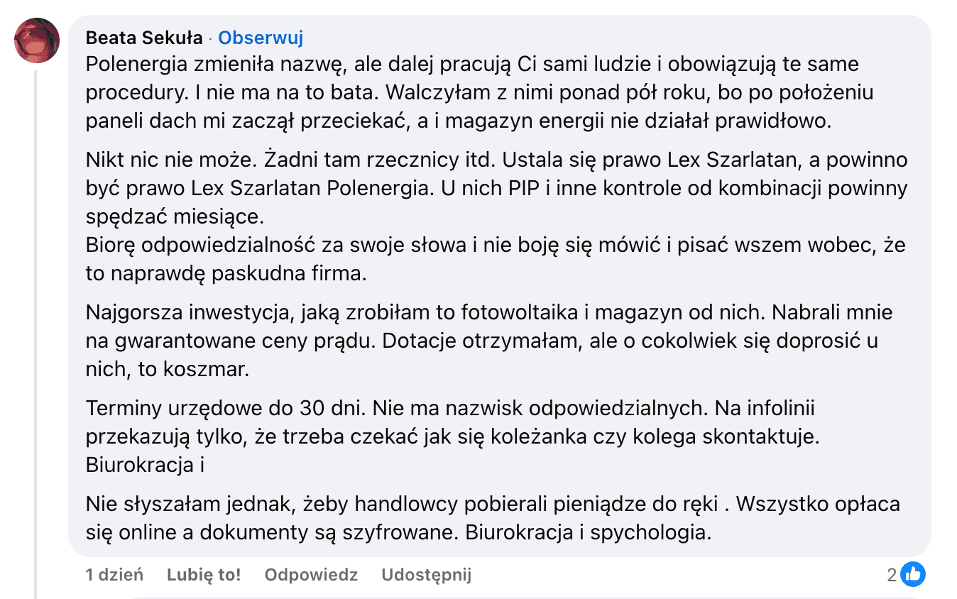 Opinia o Polenergia Fotowoltaika S.A. (obecnie ELQ Energy S.A.) z mediów społecznościowych - zrzut ekranu