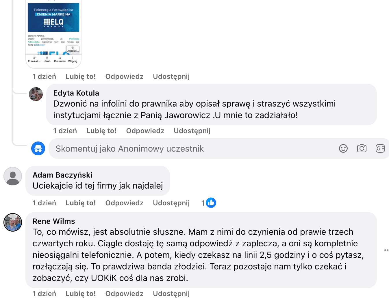 Opinia o Polenergia Fotowoltaika S.A. (obecnie ELQ Energy S.A.) z mediów społecznościowych - zrzut ekranu