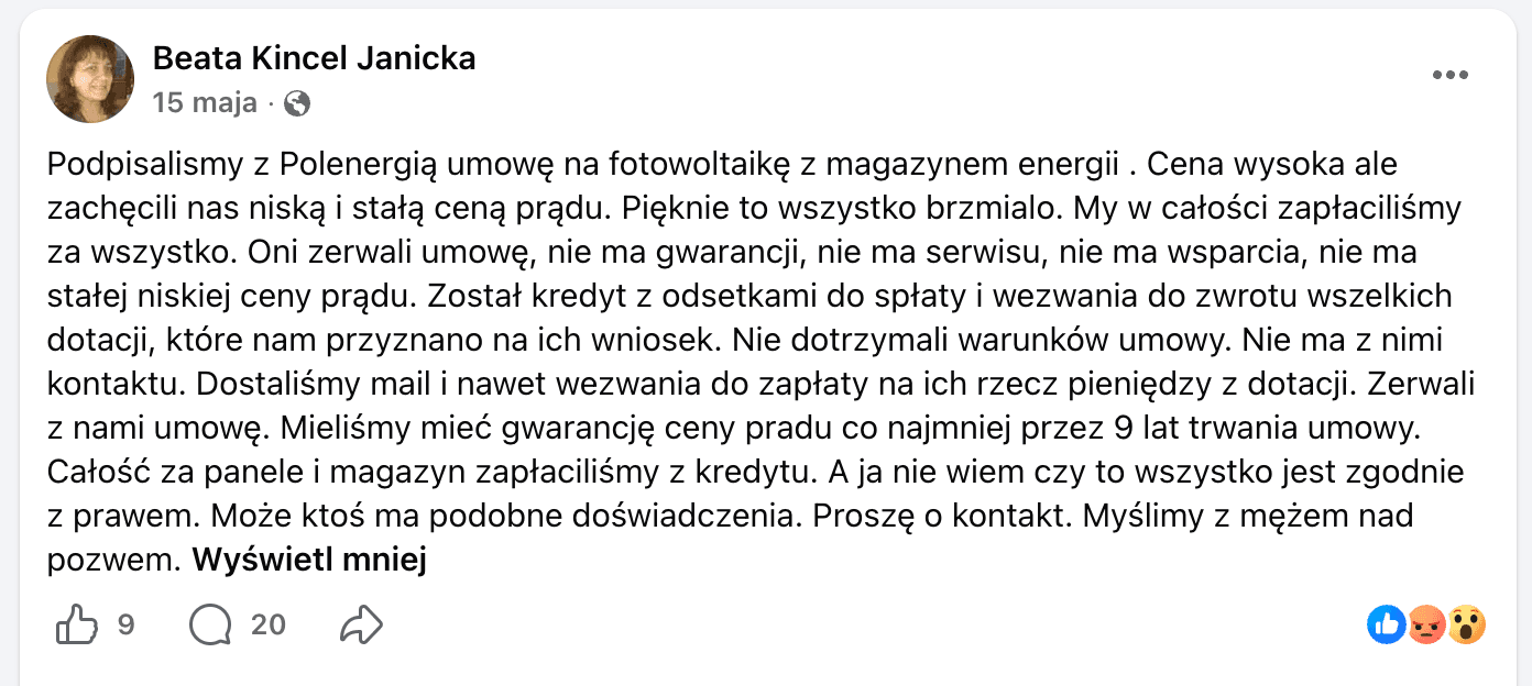 Opinia o Polenergia Fotowoltaika S.A. (obecnie ELQ Energy S.A.) z mediów społecznościowych - zrzut ekranu