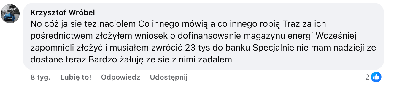 Opinia o Polenergia Fotowoltaika S.A. (obecnie ELQ Energy S.A.) z mediów społecznościowych - zrzut ekranu