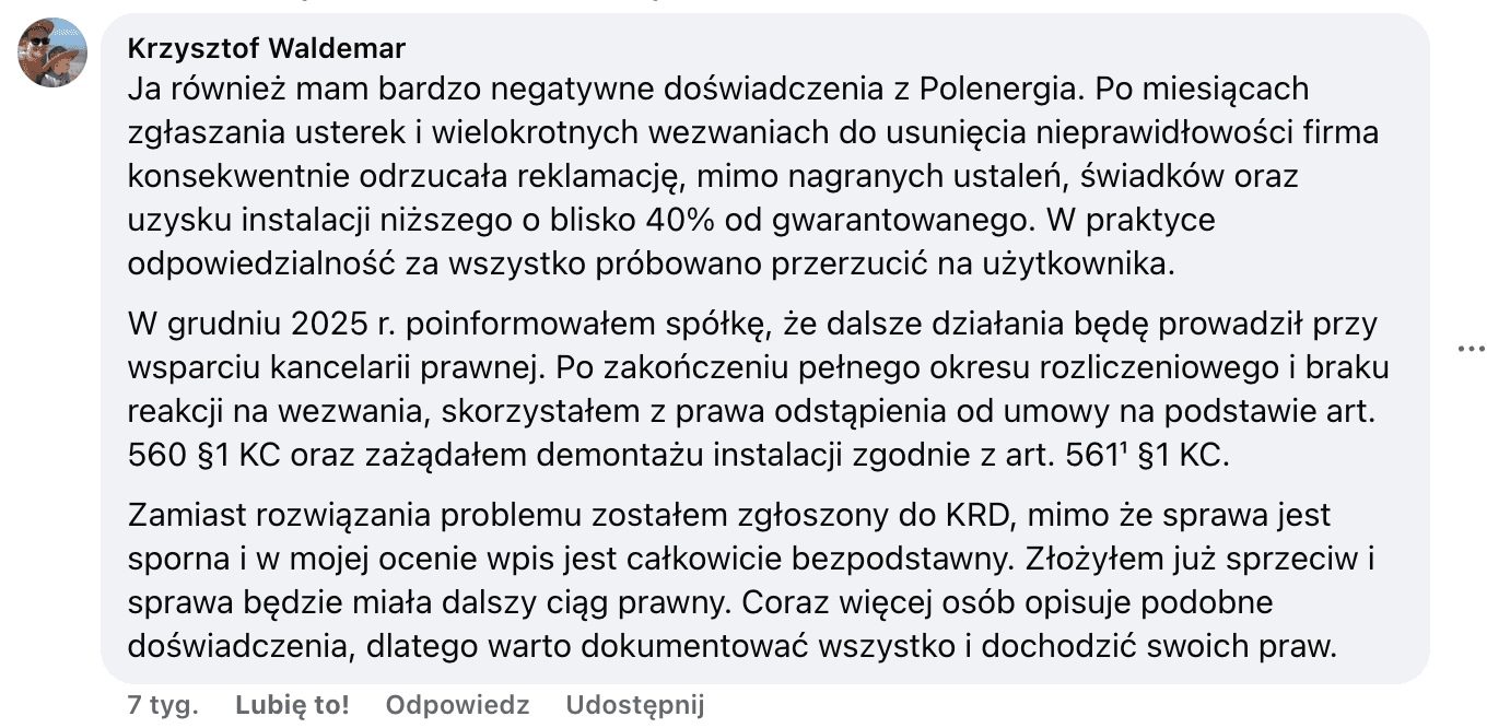 Opinia o Polenergia Fotowoltaika S.A. (obecnie ELQ Energy S.A.) z mediów społecznościowych - zrzut ekranu