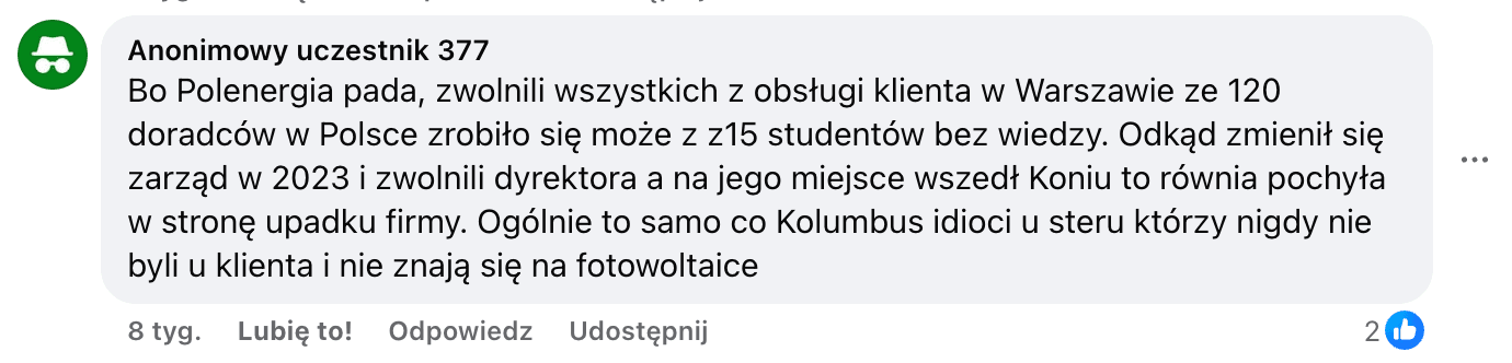 Opinia o Polenergia Fotowoltaika S.A. (obecnie ELQ Energy S.A.) z mediów społecznościowych - zrzut ekranu