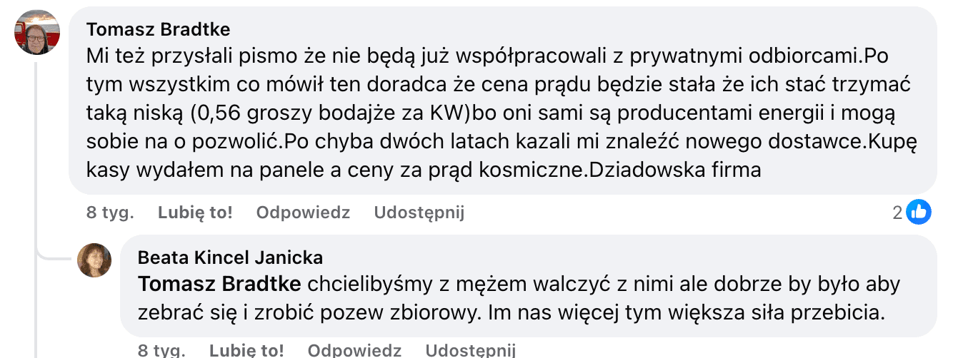Opinia o Polenergia Fotowoltaika S.A. (obecnie ELQ Energy S.A.) z mediów społecznościowych - zrzut ekranu