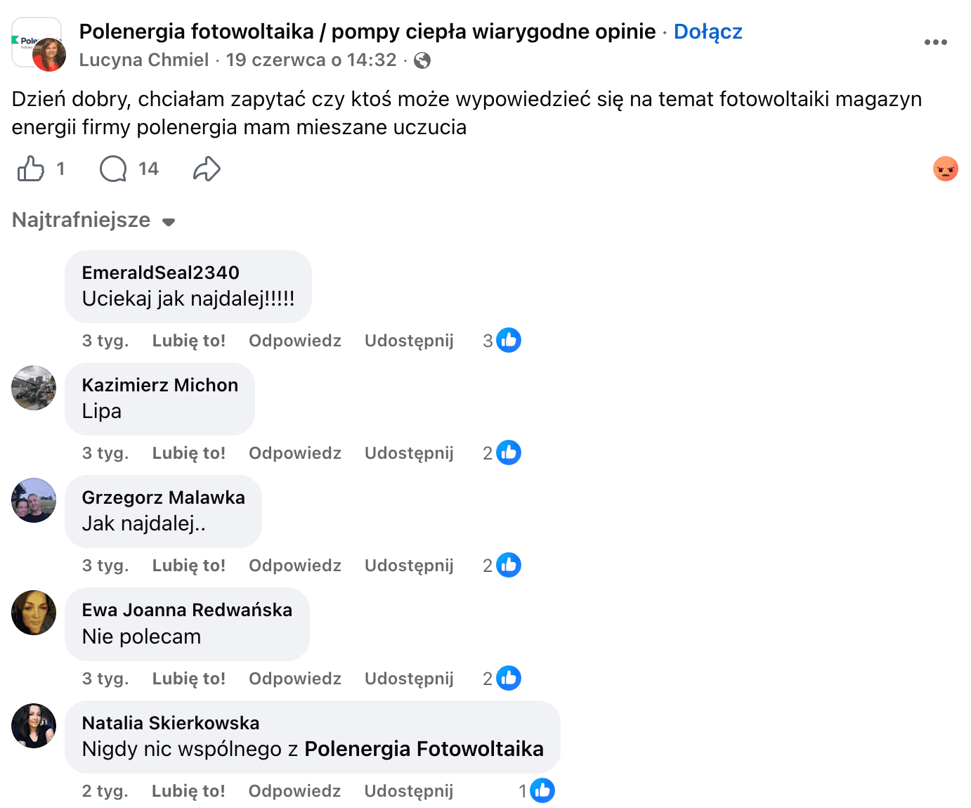 Opinia o Polenergia Fotowoltaika S.A. (obecnie ELQ Energy S.A.) z mediów społecznościowych - zrzut ekranu