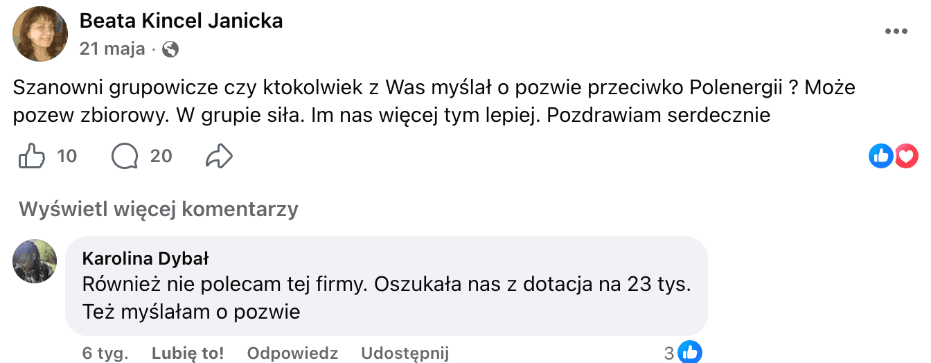 Opinia o Polenergia Fotowoltaika S.A. (obecnie ELQ Energy S.A.) z mediów społecznościowych - zrzut ekranu