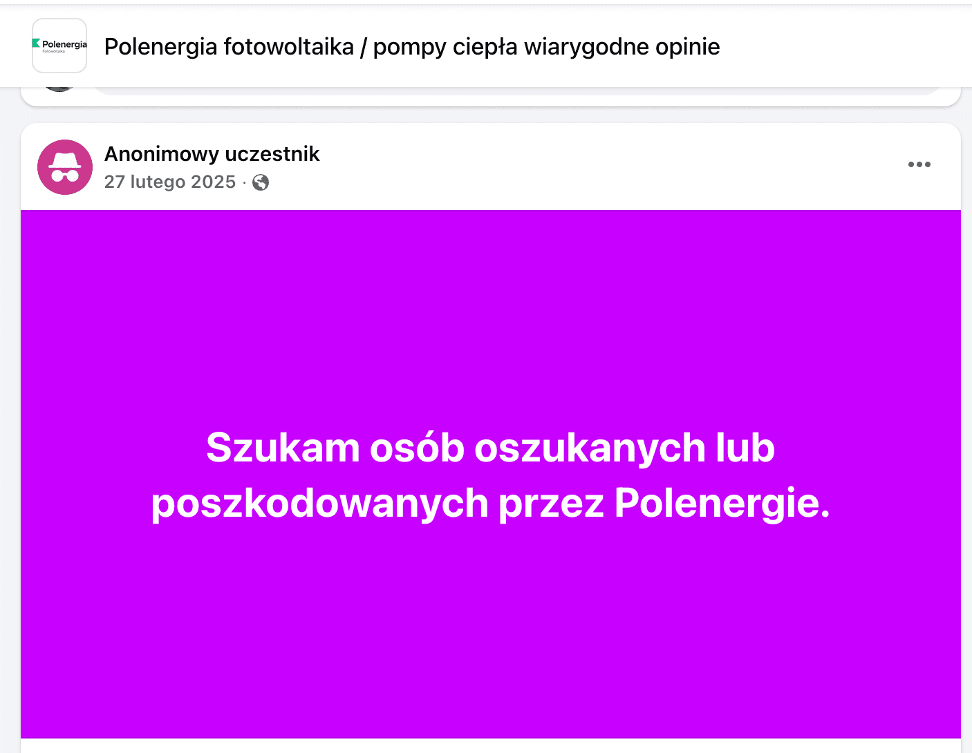 Opinia o Polenergia Fotowoltaika S.A. (obecnie ELQ Energy S.A.) z mediów społecznościowych - zrzut ekranu