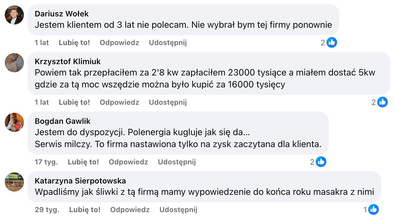 Opinia o Polenergia Fotowoltaika S.A. (obecnie ELQ Energy S.A.) z mediów społecznościowych - zrzut ekranu