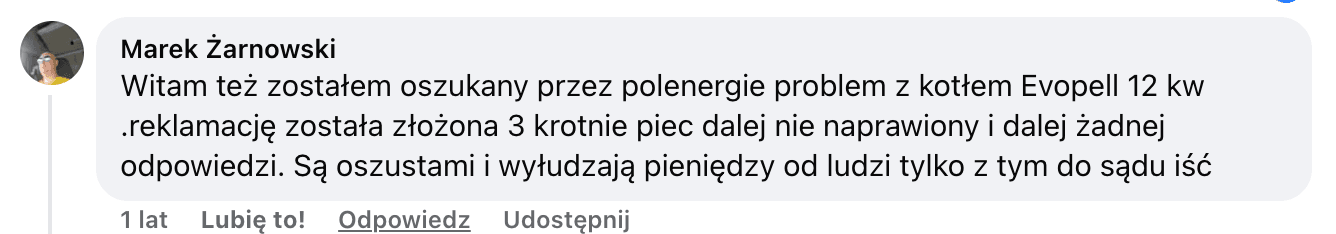 Opinia o Polenergia Fotowoltaika S.A. (obecnie ELQ Energy S.A.) z mediów społecznościowych - zrzut ekranu