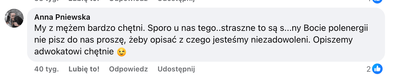 Opinia o Polenergia Fotowoltaika S.A. (obecnie ELQ Energy S.A.) z mediów społecznościowych - zrzut ekranu