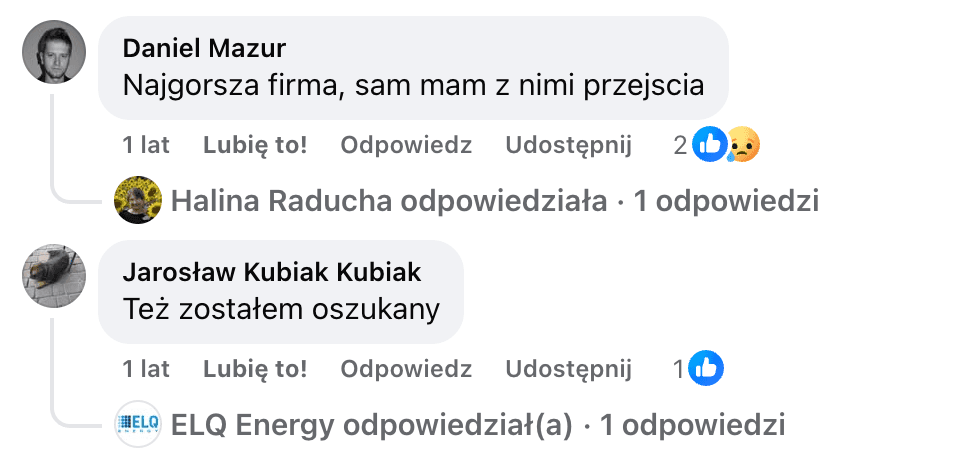 Opinia o Polenergia Fotowoltaika S.A. (obecnie ELQ Energy S.A.) z mediów społecznościowych - zrzut ekranu