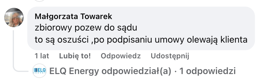 Opinia o Polenergia Fotowoltaika S.A. (obecnie ELQ Energy S.A.) z mediów społecznościowych - zrzut ekranu
