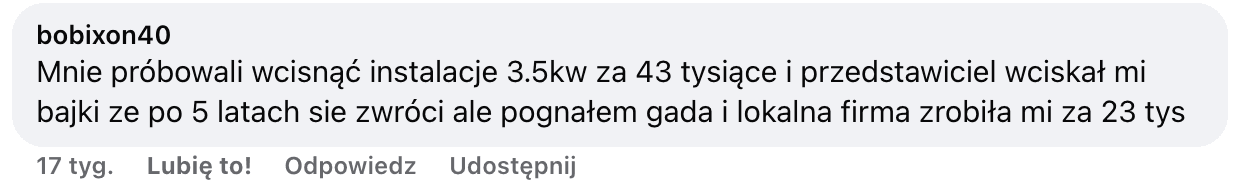 Opinia o Polenergia Fotowoltaika S.A. (obecnie ELQ Energy S.A.) z mediów społecznościowych - zrzut ekranu