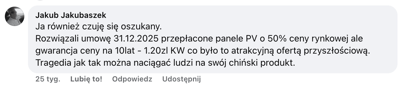 Opinia o Polenergia Fotowoltaika S.A. (obecnie ELQ Energy S.A.) z mediów społecznościowych - zrzut ekranu