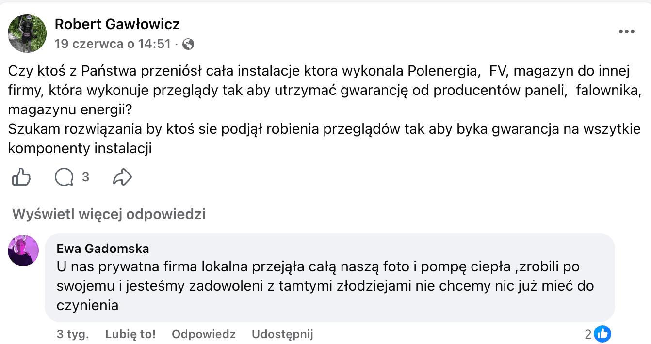Opinia o Polenergia Fotowoltaika S.A. (obecnie ELQ Energy S.A.) z mediów społecznościowych - zrzut ekranu