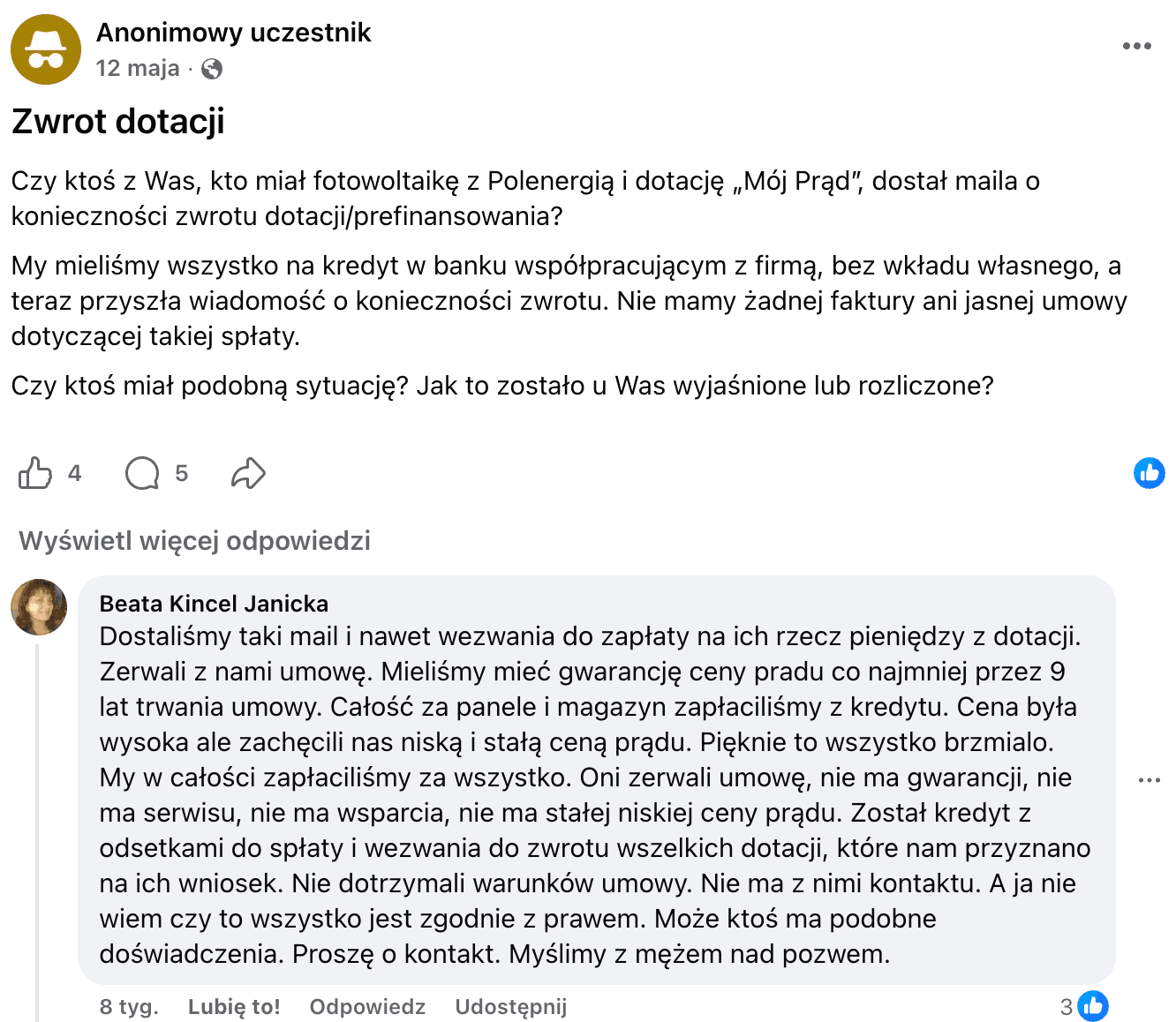 Opinia o Polenergia Fotowoltaika S.A. (obecnie ELQ Energy S.A.) z mediów społecznościowych - zrzut ekranu