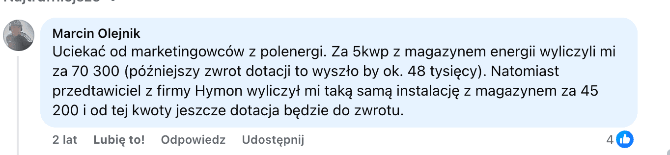 Opinia o Polenergia Fotowoltaika S.A. (obecnie ELQ Energy S.A.) z mediów społecznościowych - zrzut ekranu