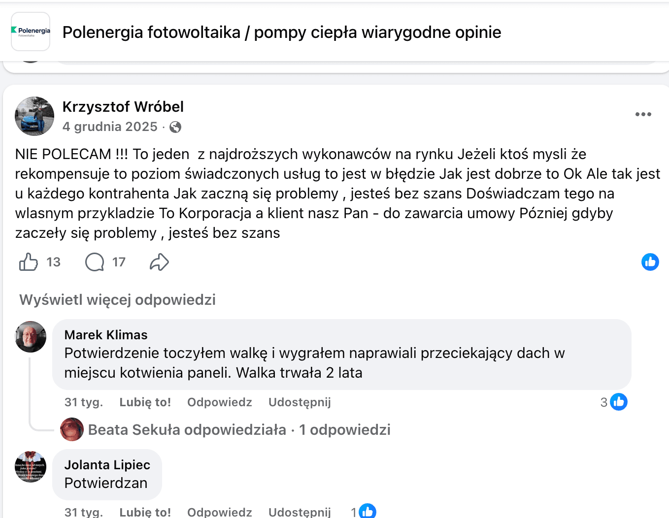 Opinia o Polenergia Fotowoltaika S.A. (obecnie ELQ Energy S.A.) z mediów społecznościowych - zrzut ekranu